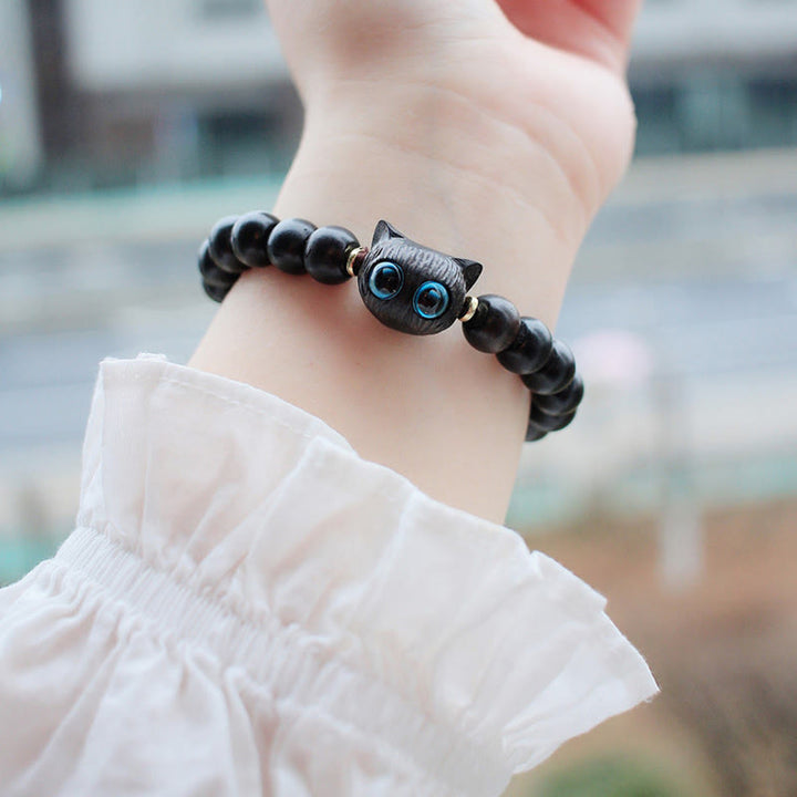 Buddha Stones Ebony Wood Green Sandalwood Cute Cat Peace Bracelet - image 3