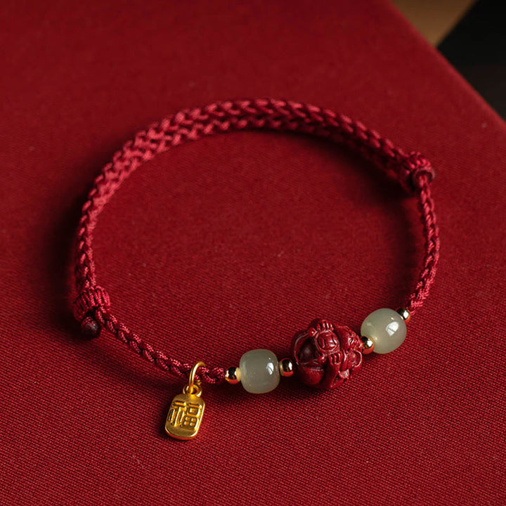Buddha Stones Natural Cinnabar Chinese Zodiac Hetian Jade Fu Character Luck Rope Bracelet - image 16