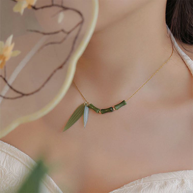 Buddha Stones Bamboo Leaf Jade Design Wealth Necklace Pendant - image 2