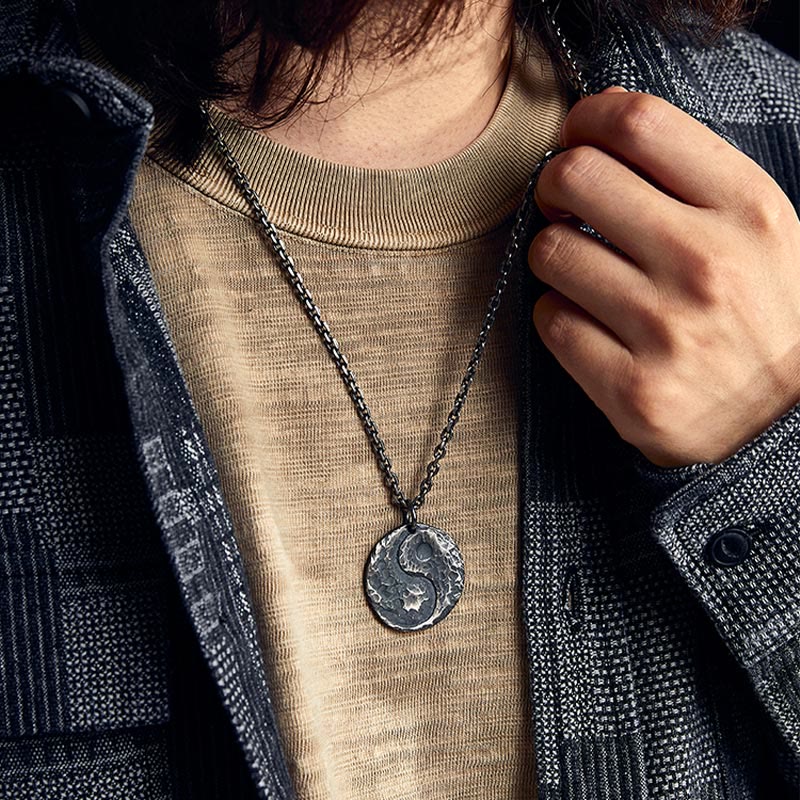 Buddha Stones 990 Sterling Silver Yin Yang Hammer Texture Harmony Necklace Pendant - image 8