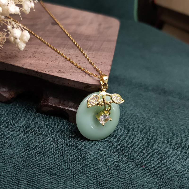 Buddha Stones Round Jade Leaf Blessing Fortune Necklace Chain Pendant - image 1