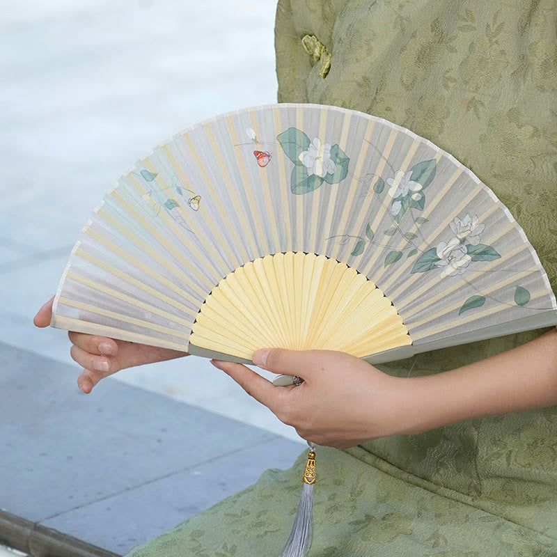 Buddha Stones Jasmine Flowers Handheld Bamboo Folding Fan - Jasmine - image 0