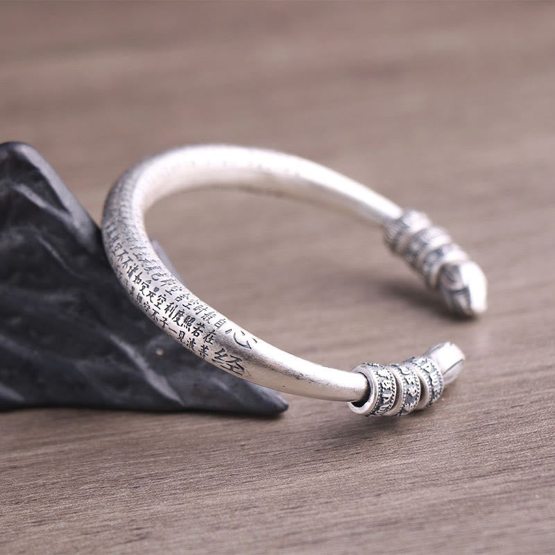 Buddha Stones 999 Sterling Silver Heart Sutra Om Mani Padme Hum Engraved Peace Purity Bracelet Bangle - image 7