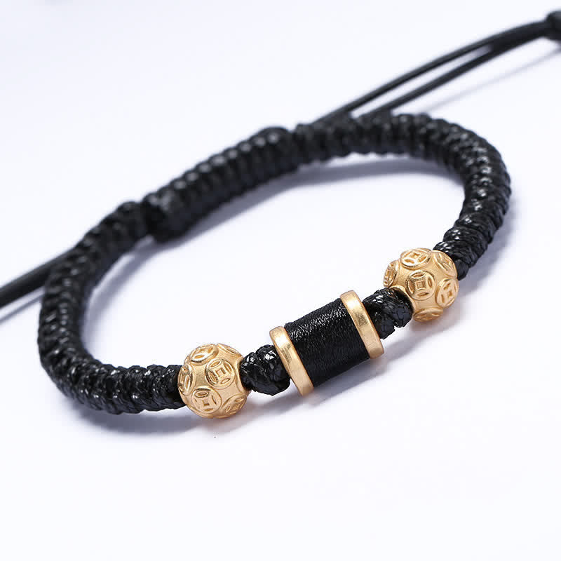 Buddha Stones 999 Sterling Silver Copper Coin Bead Copper Balance Braided String Bracelet - Gold Black - image 10