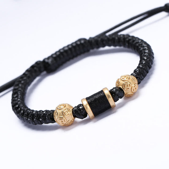 Buddha Stones 999 Sterling Silver Copper Coin Bead Copper Balance Braided String Bracelet - Gold Black - image 10