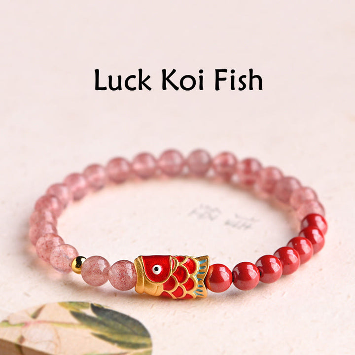 Buddha Stones Natural Strawberry Quartz Cinnabar Lucky Koi Fish Healing Bracelet - 18cm - image 0
