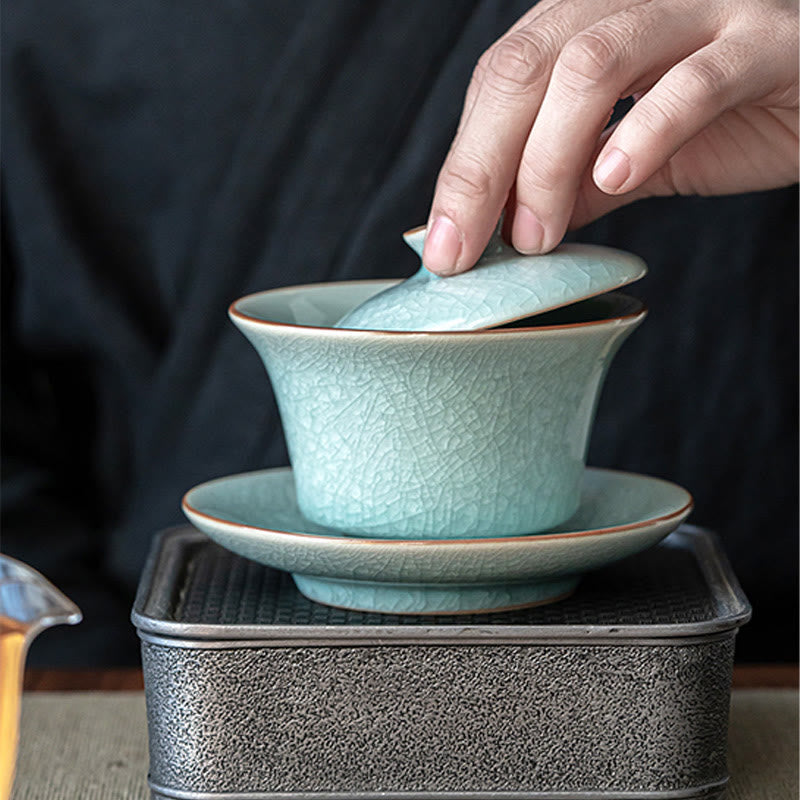 Buddha Stones Retro Green Ice Glaze Ceramic Gaiwan Sancai Teacup Kung Fu Tea Cup And Saucer With Lid - image 10