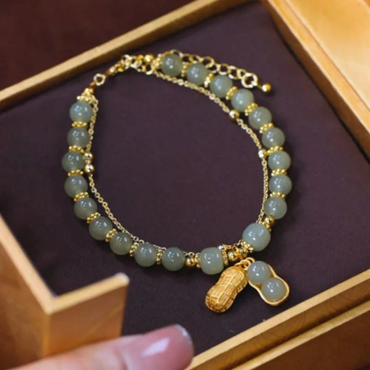 Buddha Stones Jade Leaf Ginkgo Tulip Peanut Fu Character Luck Beaded Bracelet - Peanut&Jade - image 13