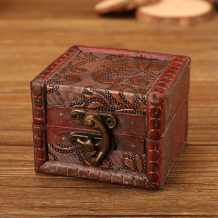 Buddha Stones Retro Small Square Wood Jewelry Box Lotus Grass Flower Grape Copper Coin Daffodil Jewelry Storage Box - Grass Flower 8*6.5*6cm - image 7