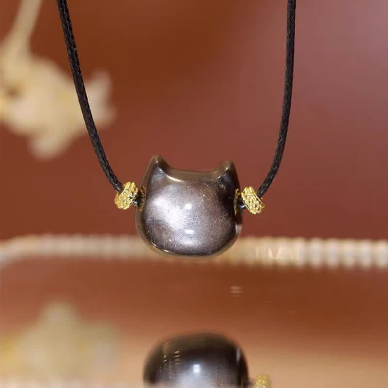 Buddha Stones Gold Sheen Obsidian Silver Sheen Obsidian Lovely Paw Lucky Cat Protection Bracelet - Silver Sheen Obsidian - Necklace - 14*15*9mm - image 37