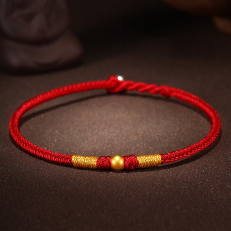 Buddha Stones 999 Gold Beads Luck King Kong Knot Handmade Braided Protection Bracelet - A Gold Bead - Red Rope - 24cm - image 0