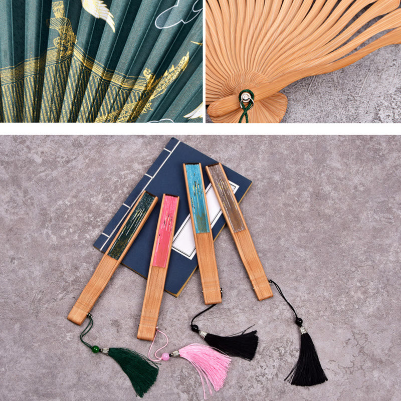 Buddha Stones Vintage Cloud Crane Pattern Handheld Bamboo Folding Fan - image 3