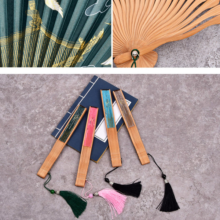 Buddha Stones Vintage Cloud Crane Pattern Handheld Bamboo Folding Fan - image 3