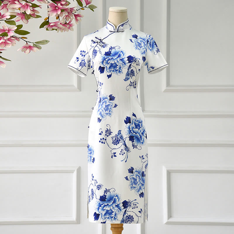 Buddha Stones Blue And White Porcelain Color Peony Flower Pattern Cheongsam Dress Women's Qipao Dress - US14，UK/AU18，EU46 (4XL) - image 0