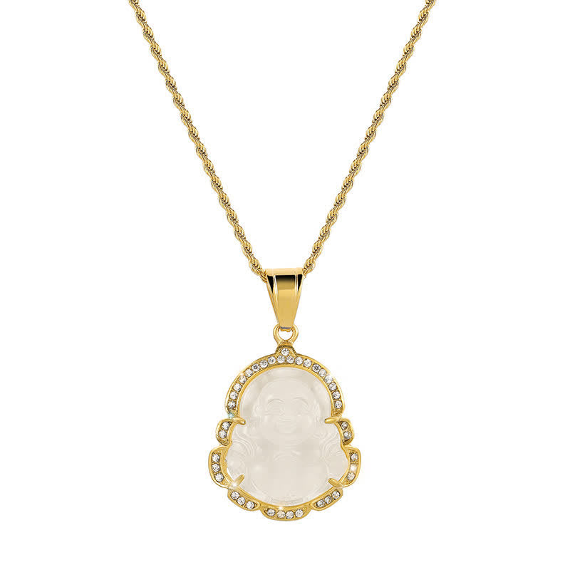 Buddha Stones 18K Gold Filled Laughing Buddha Jade Luck Necklace Chain Pendant - White - image 9