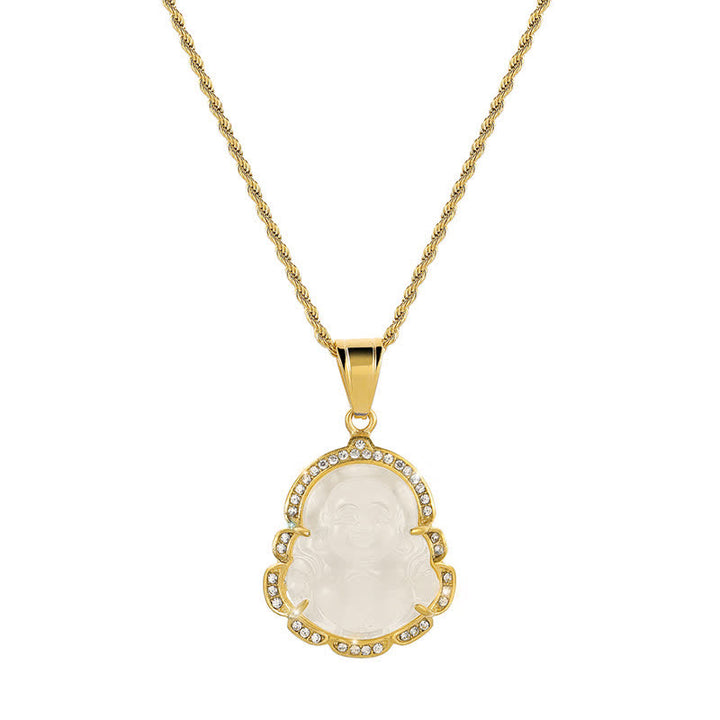 Buddha Stones 18K Gold Filled Laughing Buddha Jade Luck Necklace Chain Pendant - White - image 9