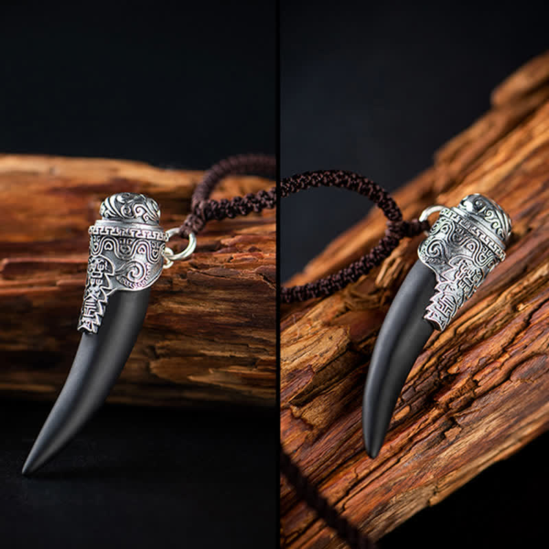 925 Sterling Silver Black Obsidian Wolf Tooth Pattern Strength Necklace Pendant - image 8