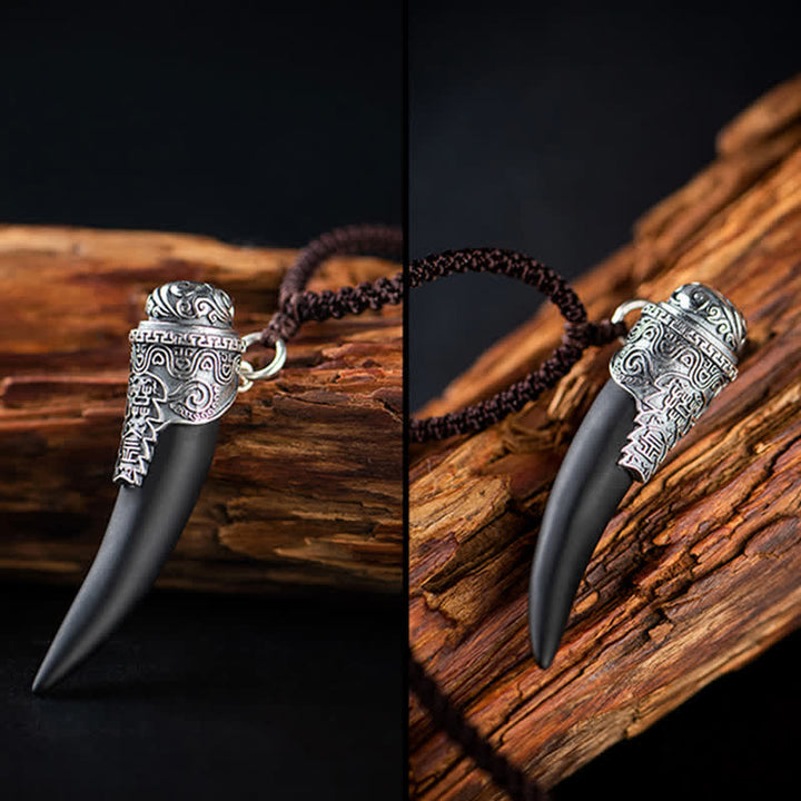 925 Sterling Silver Black Obsidian Wolf Tooth Pattern Strength Necklace Pendant - image 8