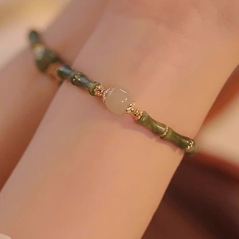 Buddha Stones 14K Copper Plated Peridot Hetian Jade Bamboo Pattern Luck Bracelet - White Hetian Jade Bead Peridot Bamboo(Wrist Circumference 14-15cm) - image 5