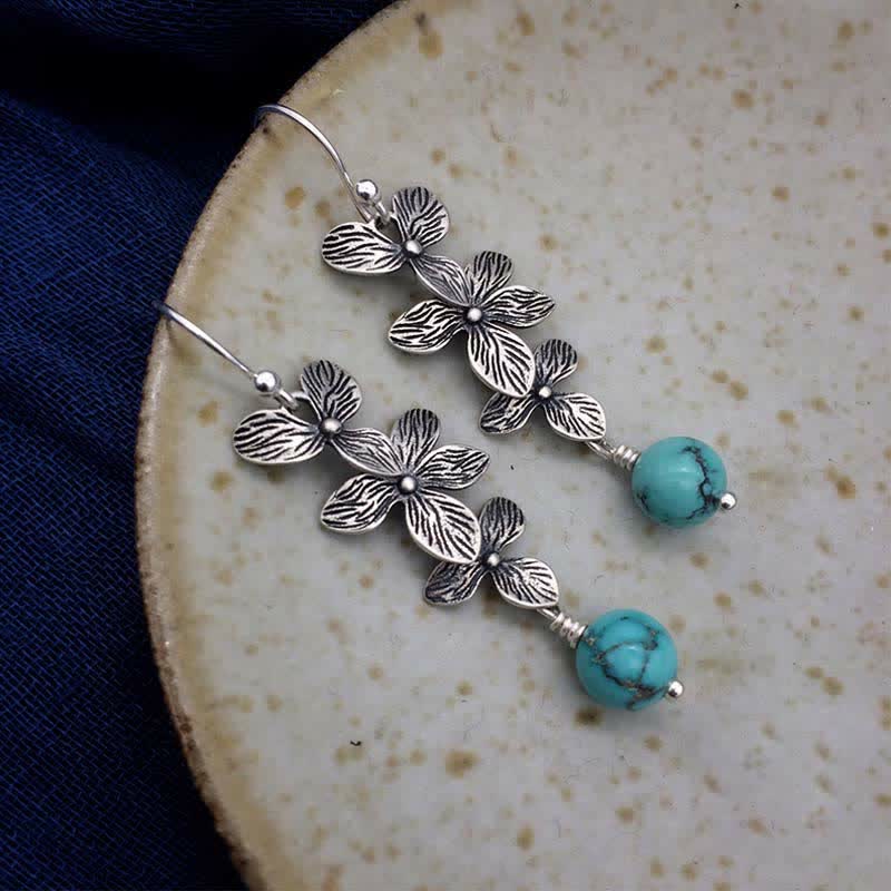 Buddha Stones 925 Sterling Silver Turquoise Lazurite Lapis Lazuli Flower Leaf Serenity Protection Hook Drop Dangle Earrings - image 6