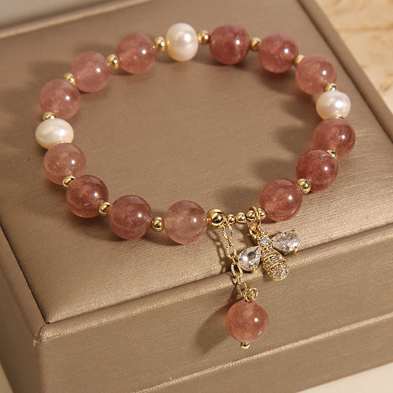 Buddha Stones Strawberry Quartz Pearl Cute Zircon Honeybee Positive Charm Bracelet - image 6