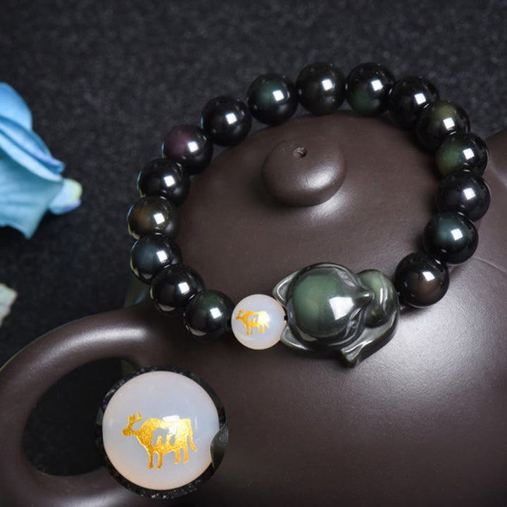 Buddha Stones Natural Rainbow Obsidian Gold Sheen Obsidian Silver Sheen Obsidian Fox Healing Bracelet - image 2