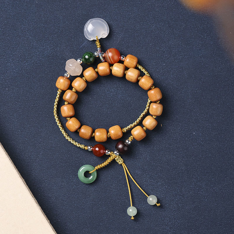 Buddha Stones Green Sandalwood Chalcedony Peace Buckle Charm Soothing Double Wrap Bracelet - Green Sandalwood(Cure♥Positive)8*9mm - image 0