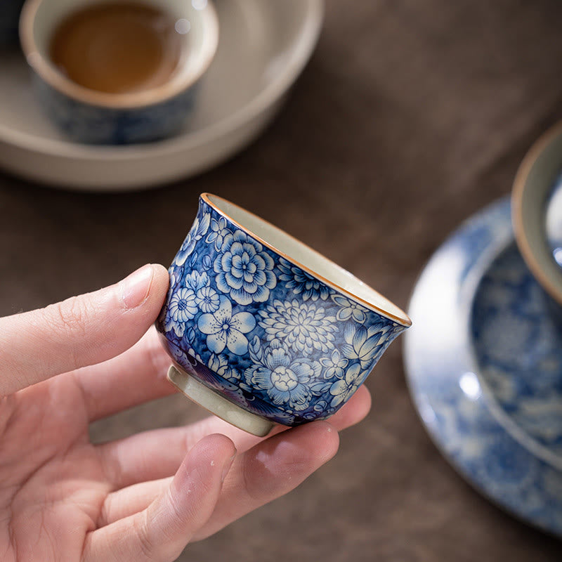 Buddha Stones Vintage Lotus Peony Plum Blossom Chrysanthemum Ceramic Teacup Tea Cups - 5.8cm*4cm*65ml - image 0