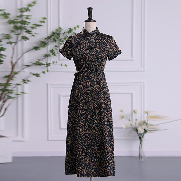 Buddha Stones Vintage Auspicious Clouds Leaf Print Cheongsam Dress Women's Qipao Dress - Black Leaf - US16，UK/AU20，EU48 (5XL) - image 14