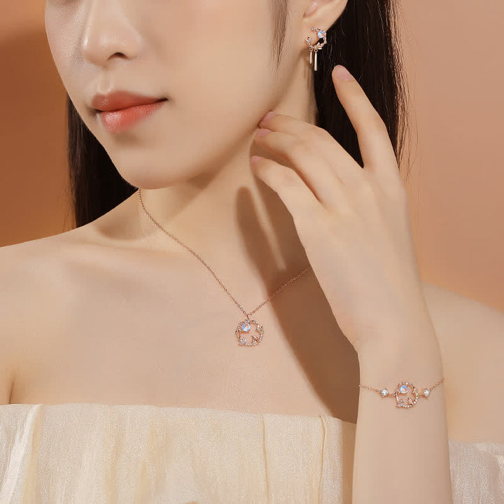925 Sterling Silver Year of the Rabbit Moonstone Moon Flower Pattern Necklace Pendant Bracelet Earrings - image 1