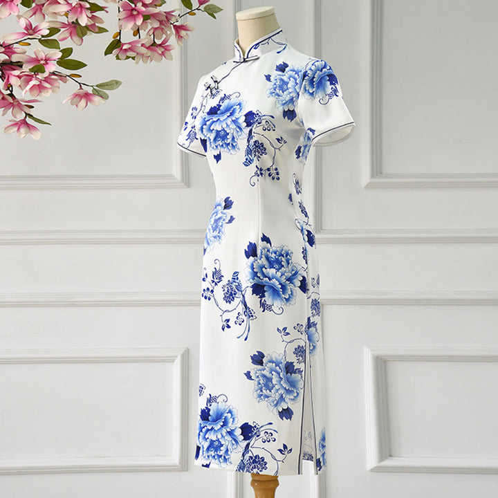 Buddha Stones Blue And White Porcelain Color Peony Flower Pattern Cheongsam Dress Women's Qipao Dress - image 2