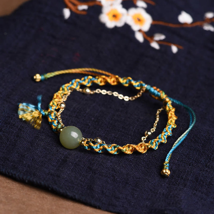 Buddha Stones Handmade Colorful Rope Luck Jade Bead Abundance Double Layer Bracelet - image 5