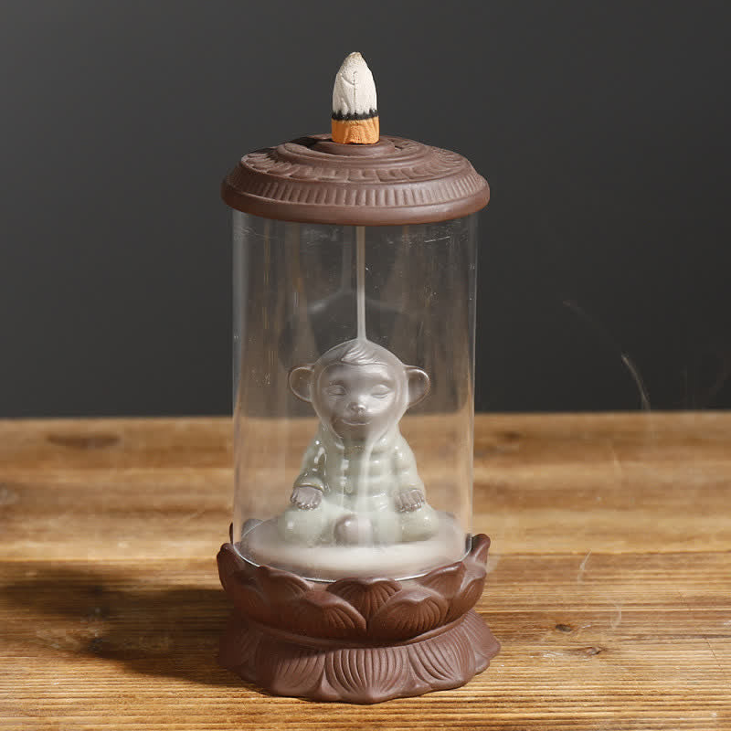 Meditation Wukong Monkey King Purple Clay Windshield Lotus Backflow Smoke Fountain Incense Burner Decoration - Meditation Wukong(Brown) - image 1