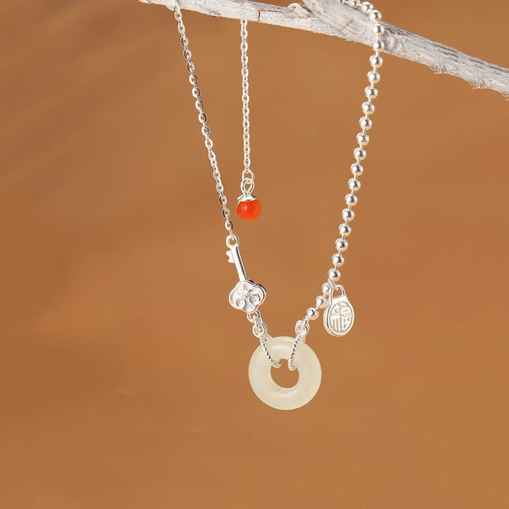Buddha Stones 925 Sterling Silver Hetian Jade Peace Buckle Fu Character Luck Chain Bracelet - image 1