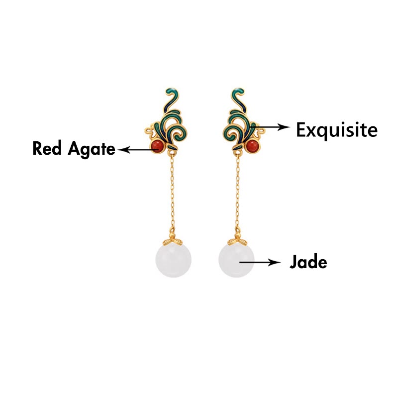 Buddha Stones Vintage White Jade Red Agate Bead Blessing Drop Dangle Earrings - image 9