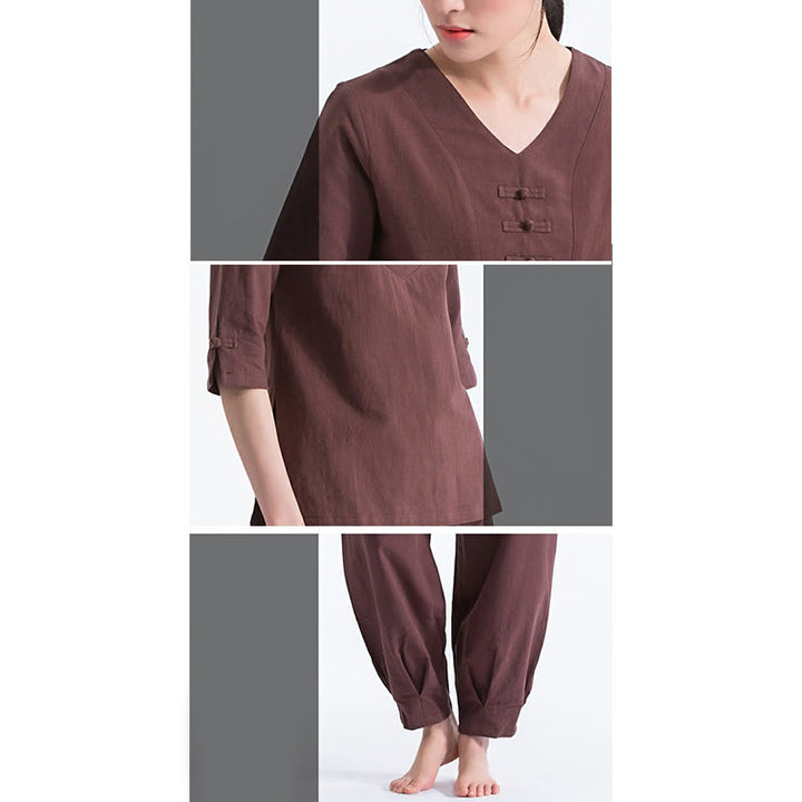 Buddha Stones Yoga Meditation Prayer V-neck Design Cotton Linen Clothing Uniform Zen Practice Women's Set - image 11
