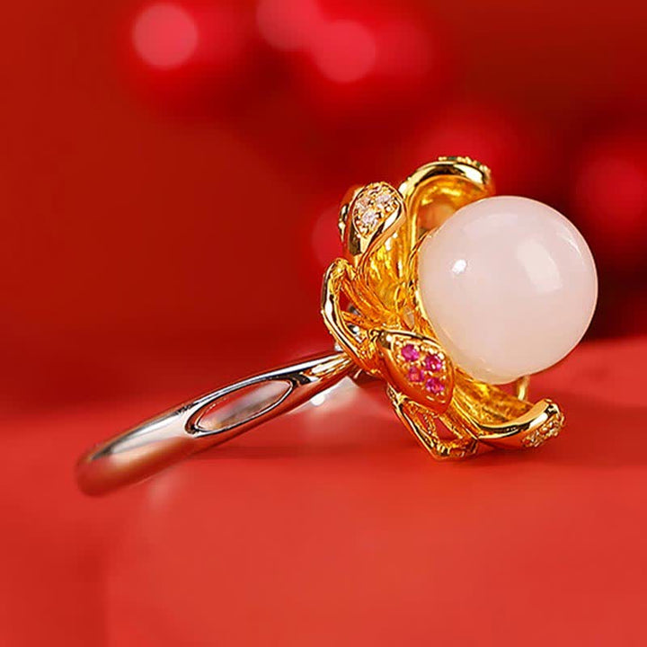 Buddha Stones 925 Sterling Silver White Jade Cyan Jade Lotus Flower Success Ring - image 3