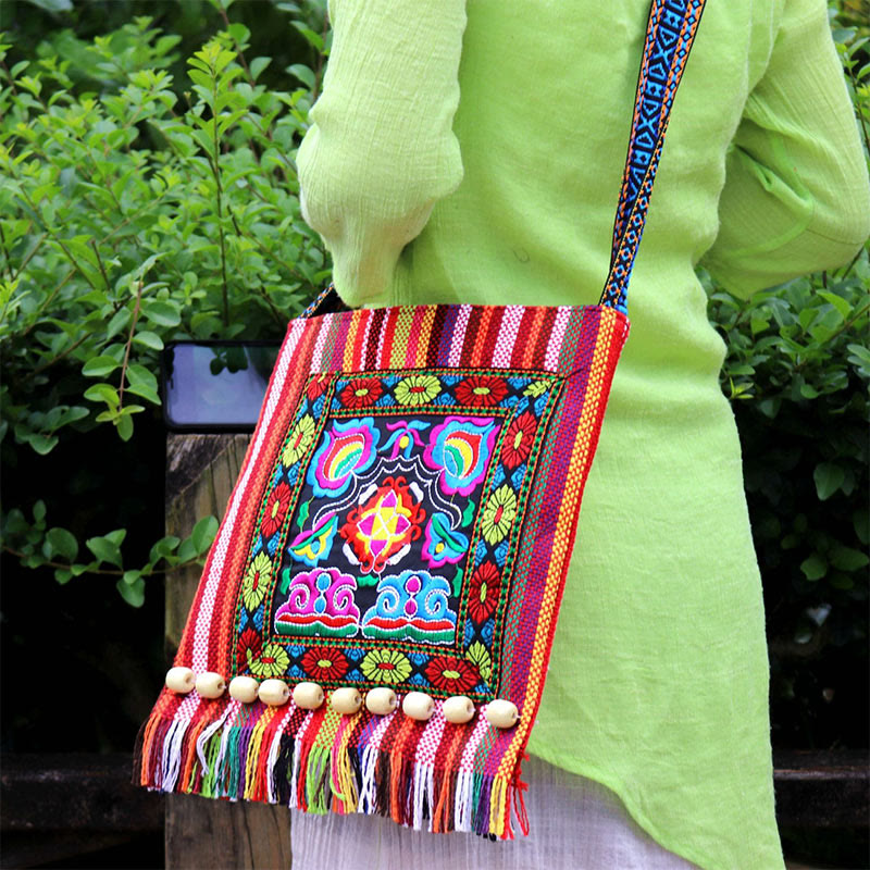 Buddha Stones Tibetan Handmade Embroidered Camellia Canvas Shoulder Bag Crossbody Bag - image 16