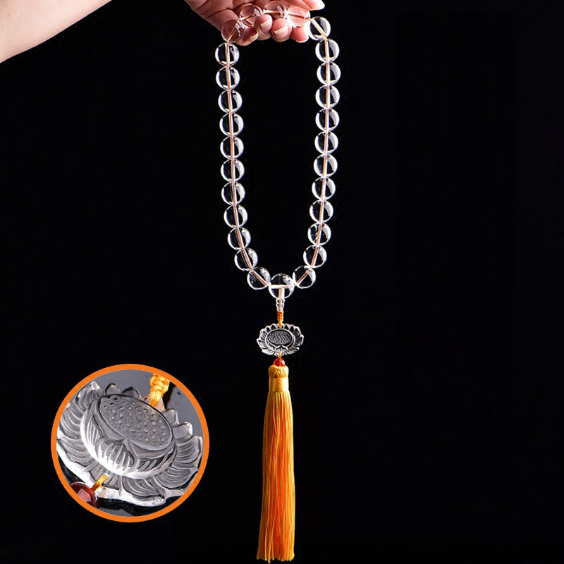 Buddha Stones Natural White Crystal Lotus Wrist Mala Meditation Tassels Pocket Mala Car Decoration - 16mm - image 0