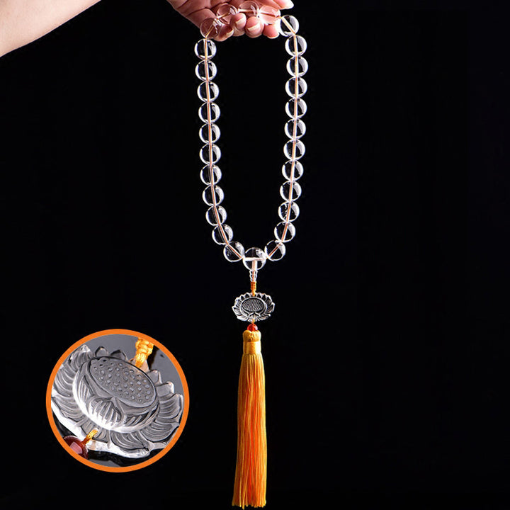 Buddha Stones Natural White Crystal Lotus Wrist Mala Meditation Tassels Pocket Mala Car Decoration - 16mm - image 0