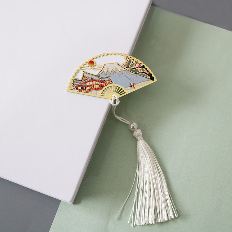 Buddha Stones Traditional Butterfly Lotus Flower Crane Dragon Phoenix Fox Koi Fish New Beginning Metal Brass Hollow Fan Bookmarks - Mount Fuji - image 23