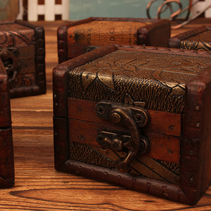 Buddha Stones Retro Small Square Wood Jewelry Box Lotus Grass Flower Grape Copper Coin Daffodil Jewelry Storage Box - image 11