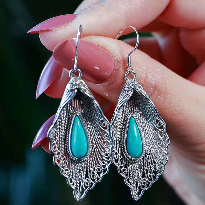 Buddha Stones 925 Sterling Silver Turquoise Bodhi Leaf Pattern Protection Drop Dangle Earrings - Silver - image 18
