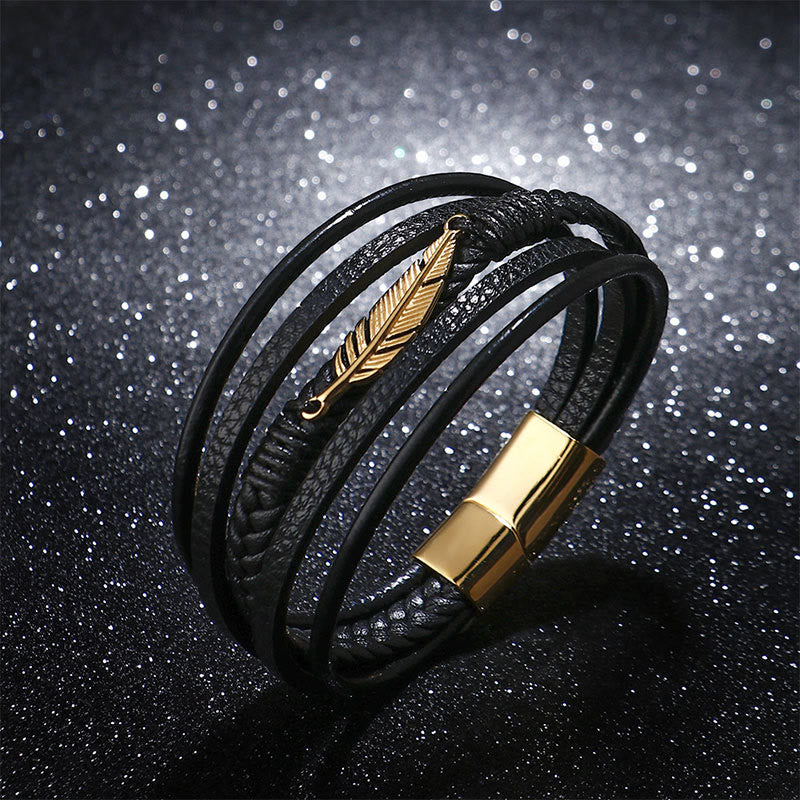 Buddha Stones Feather Pattern Multilayer Leather Titanium Steel Calm Braided Magnetic Buckle Bracelet - image 3
