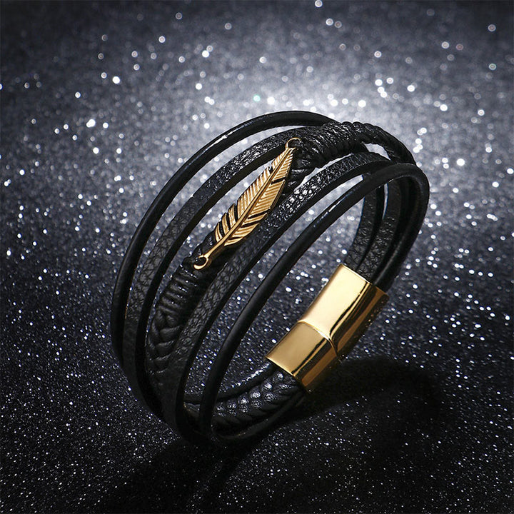 Buddha Stones Feather Pattern Multilayer Leather Titanium Steel Calm Braided Magnetic Buckle Bracelet - image 3