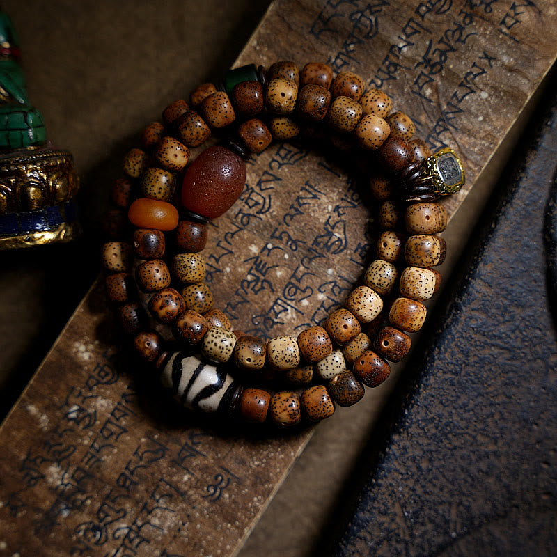 Buddha Stones Tibetan Bodhi Seed Amber Dzi Bead Agate Zakiram Goddess of Wealth Beads Triple Wrap Bracelet - image 1