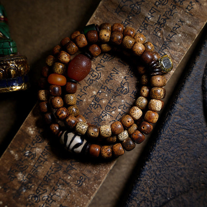 Buddha Stones Tibetan Bodhi Seed Amber Dzi Bead Agate Zakiram Goddess of Wealth Beads Triple Wrap Bracelet - image 1