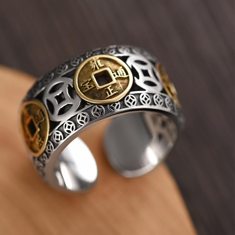 Buddha Stones Five-Emperor Coins Balance Adjustable Ring - image 2