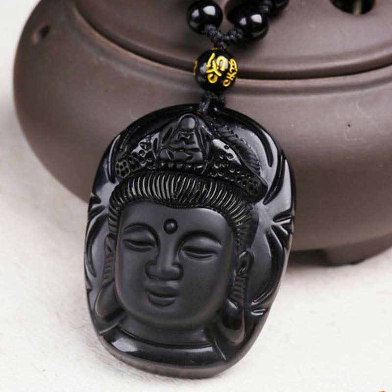 Buddha Stones Natural Black Obsidian Kwan Yin Avalokitesvara Strength String Necklace Pendant - image 6