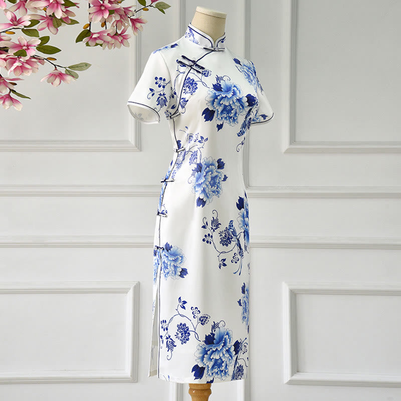Buddha Stones Blue And White Porcelain Color Peony Flower Pattern Cheongsam Dress Women's Qipao Dress - image 1